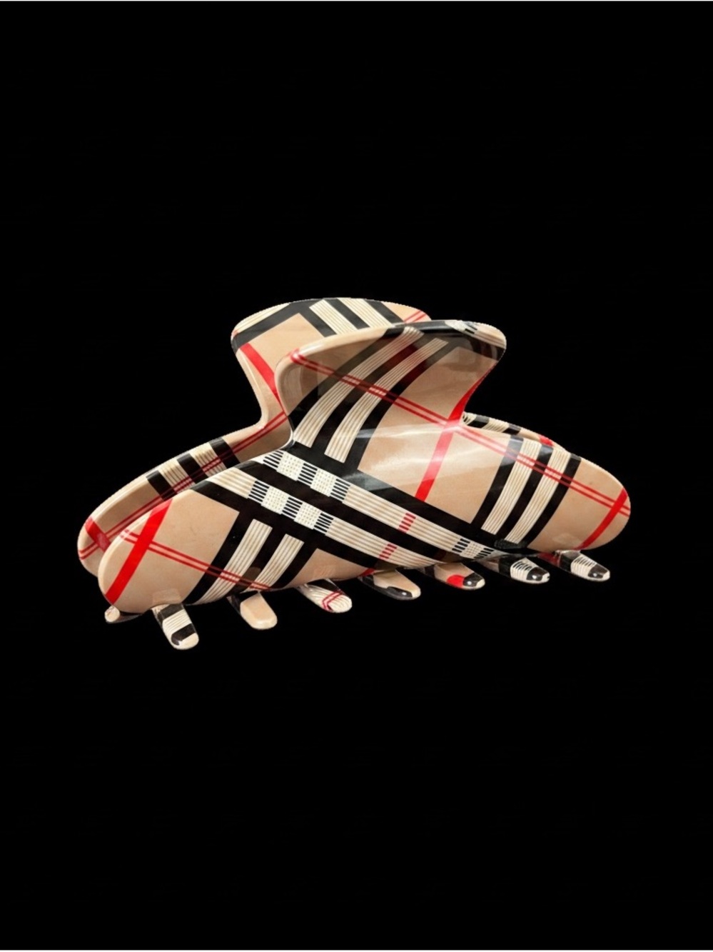 Plaid Pattern Hair Claw Clip - Beige, Black & Red